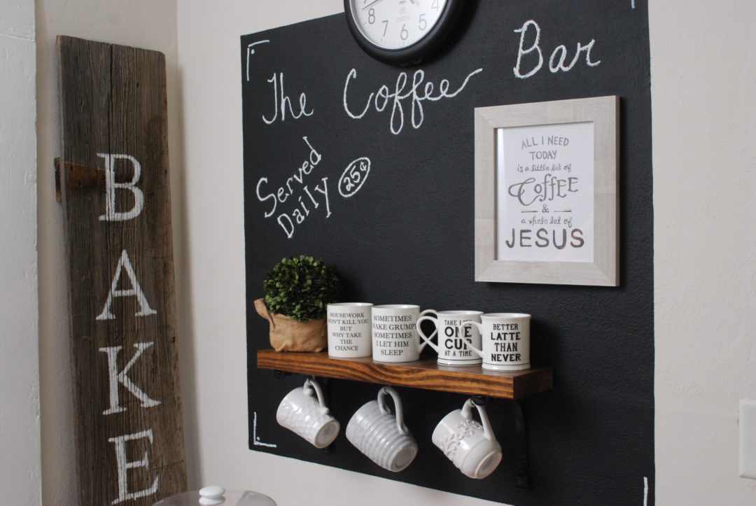 Chalkboard wall with coffee mug shelf