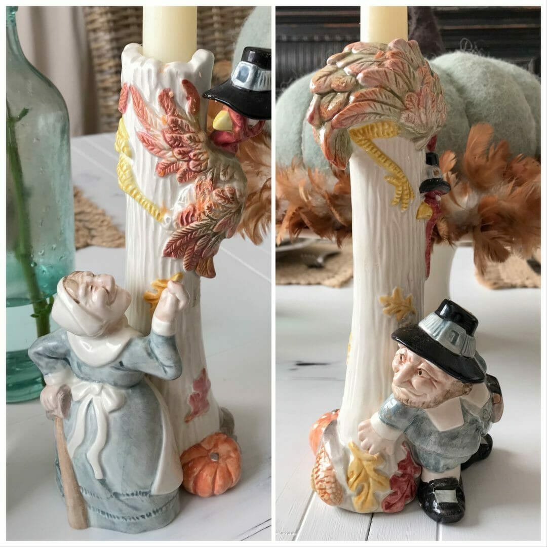 two candlesticks with pilgrims chasing a turkey up a tree