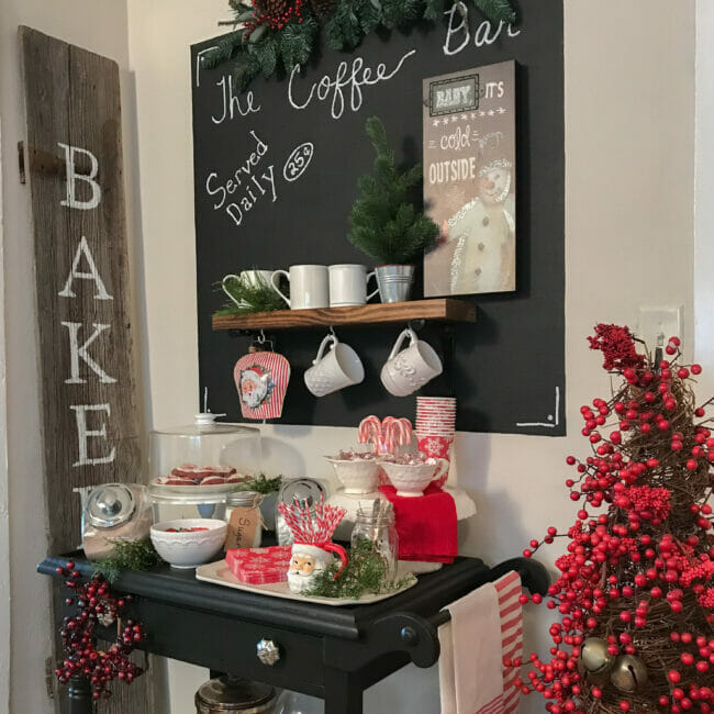 Christmas hot chocolate bar iwth Bakery sign and coffee cups