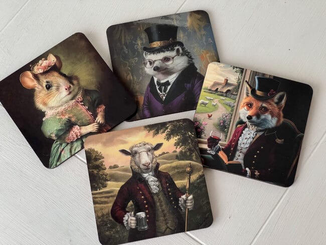 4 coasters of animals in clothes