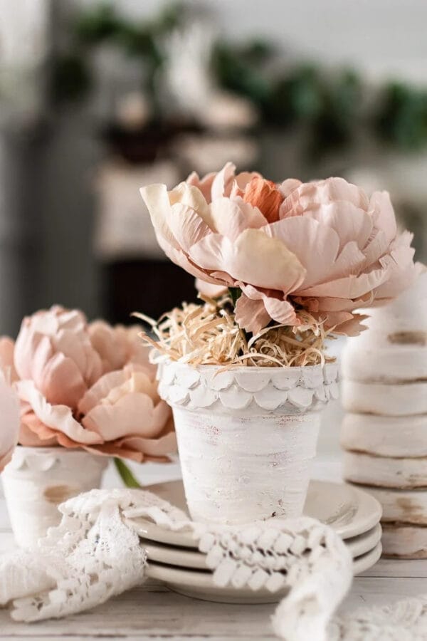 white scalloped pots with pink flowers