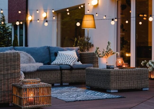 patio with wicker furniture, hanging lights, rug and lamps