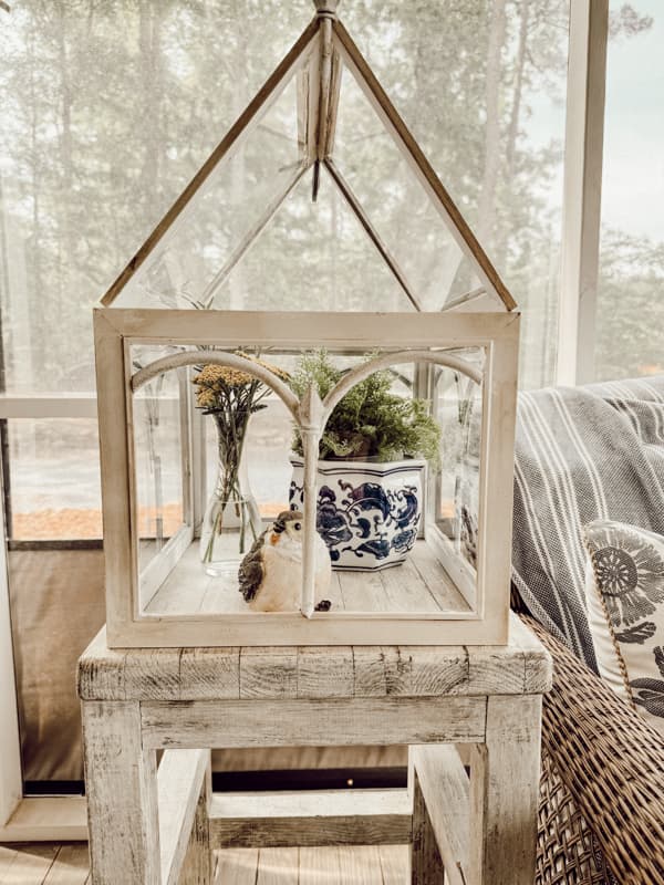 white terrarium sitting on white stool and inside is a bird and plant