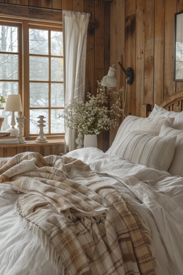 rustic bedroom with flowers, paneled walls and window with lamp