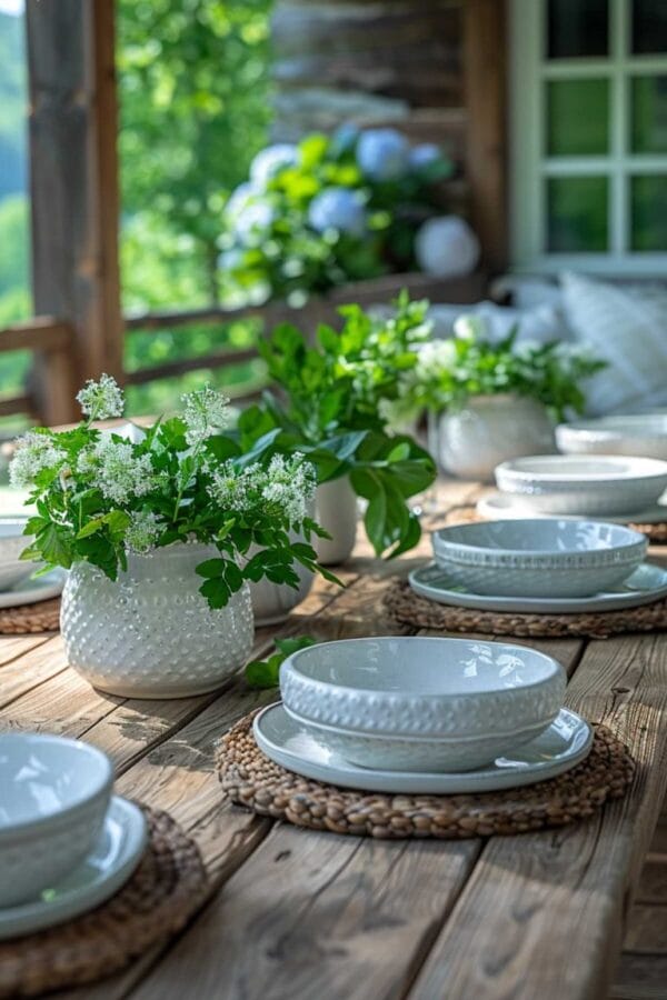 plants as a centerpiece with white dishes on an outdoor table