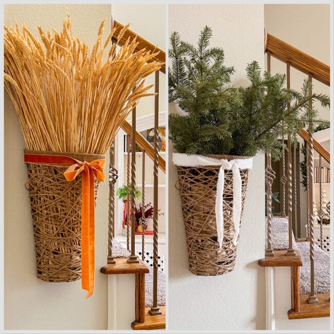 collage of 2 hanging baskets. One with wheat and one with fir branches