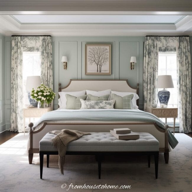 soft blue bed in between two windows with floral panels and bench at end of bed