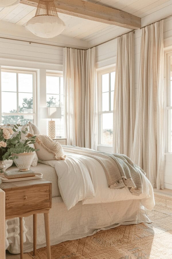 beige bedroom with nightstand facing doorway and lots of windows