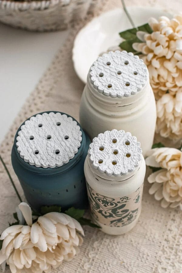 3 mason jars with handmade embossed flower frogs