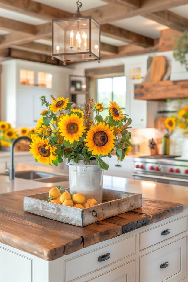 white pot on kitchen island with sunflowers and lemons on a tray