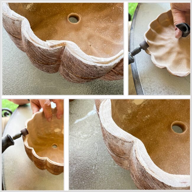 collage of smoothing edges of cut pumpkin 