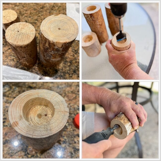 collage of steps to make wood candle holder centerpiece