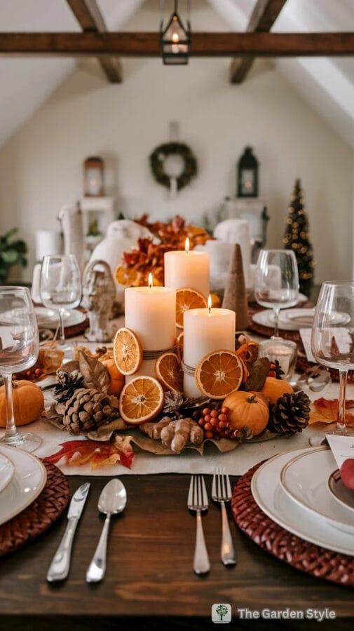 Cream candles wrapped with twine and dried oranges used as a centerpiece with pinecones