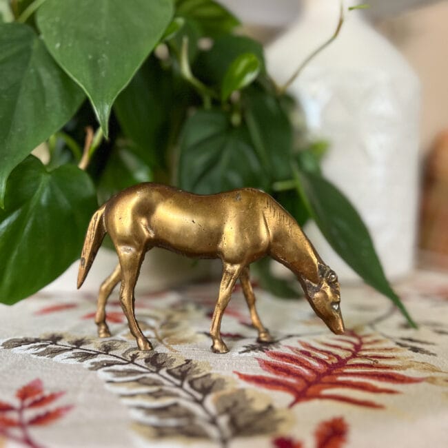 small brass horse figurine in front of plant