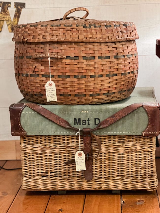 antique baskets stacked on top of one another