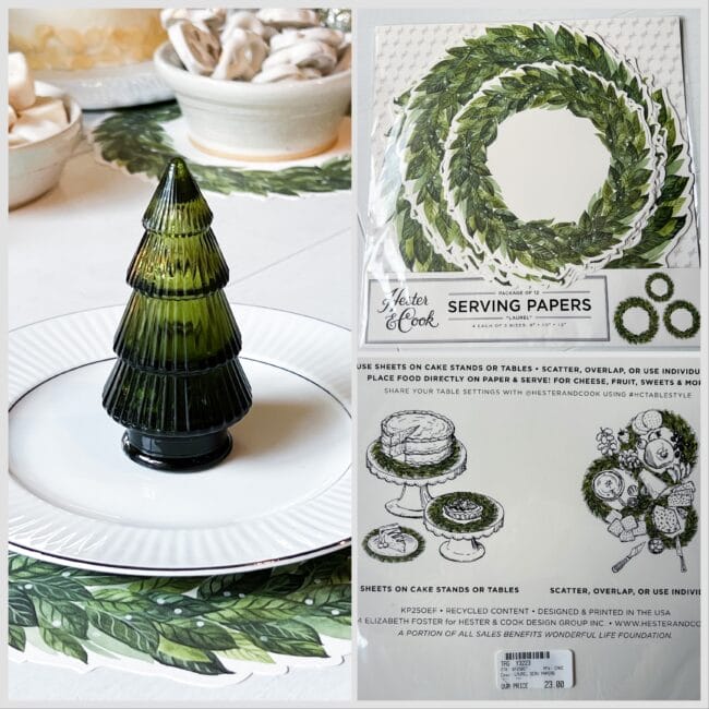 collage of a white place with a green glass tree on top and place mats shaped like wreaths