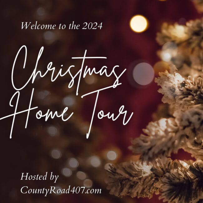 CHristmas Home Tour graphic with a close p of frosted tree branches