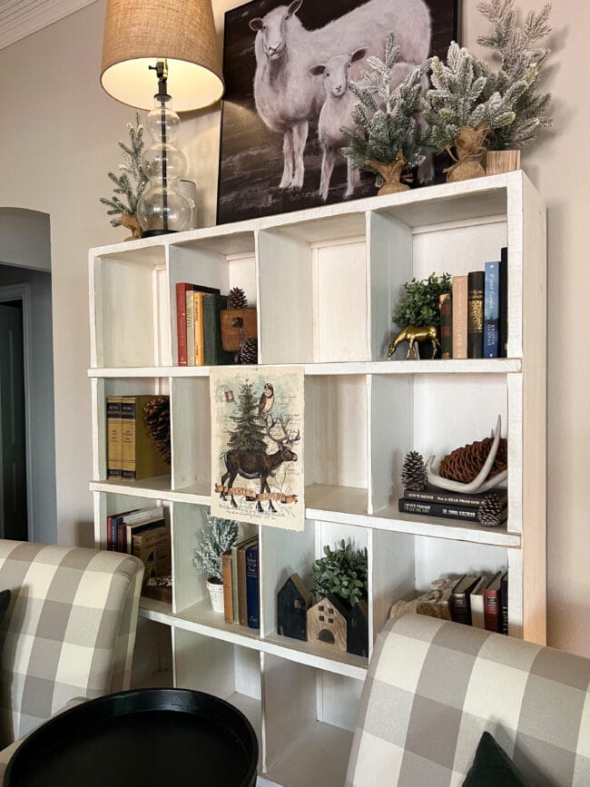 white cubby shelf filled with books, pinecones, small trees and a dear photo tacked on at the middle