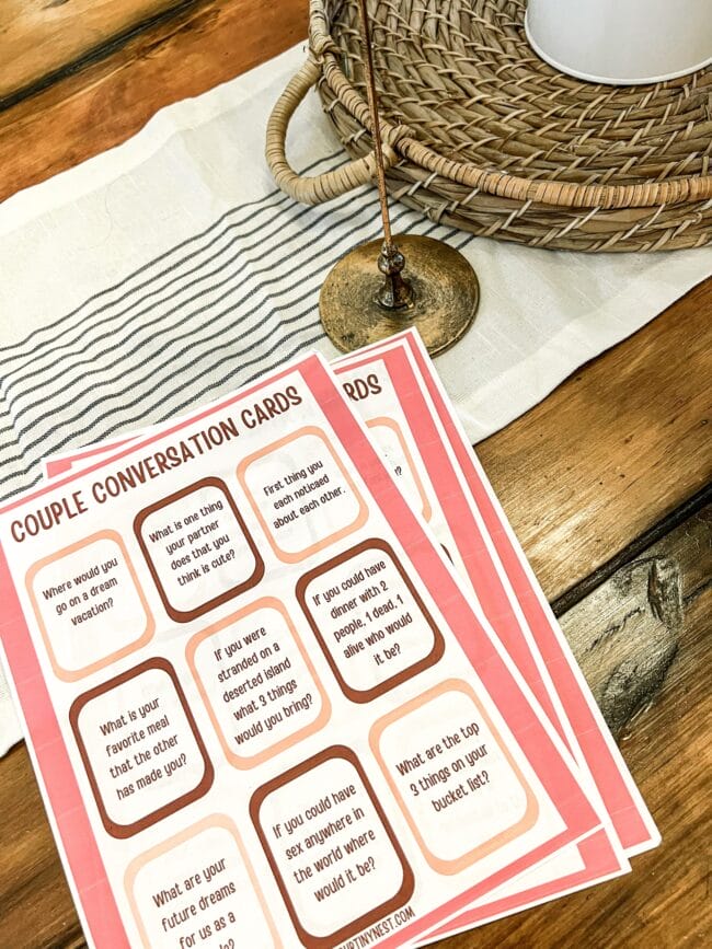 couple conversation card printed out in pink and brown