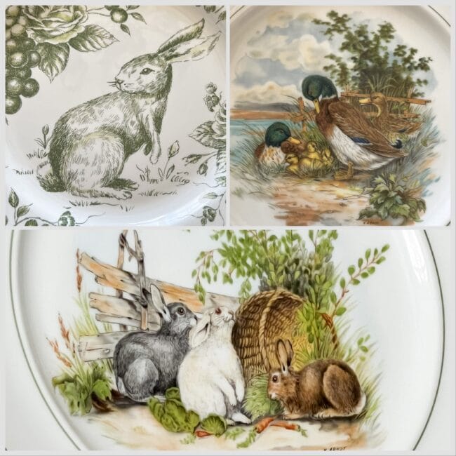 collage photo of bunny plate, duck plate, and large green bunny plate