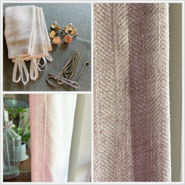 Collage of curtain, hooks, and back side hem