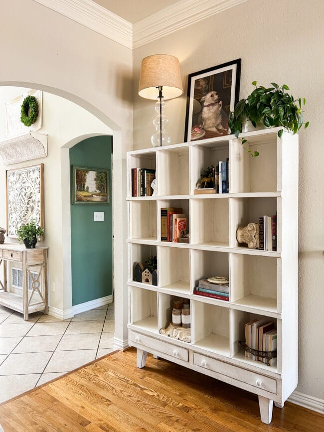 cubby shelf with books, plant, lamp and print of Josephine the dog on top